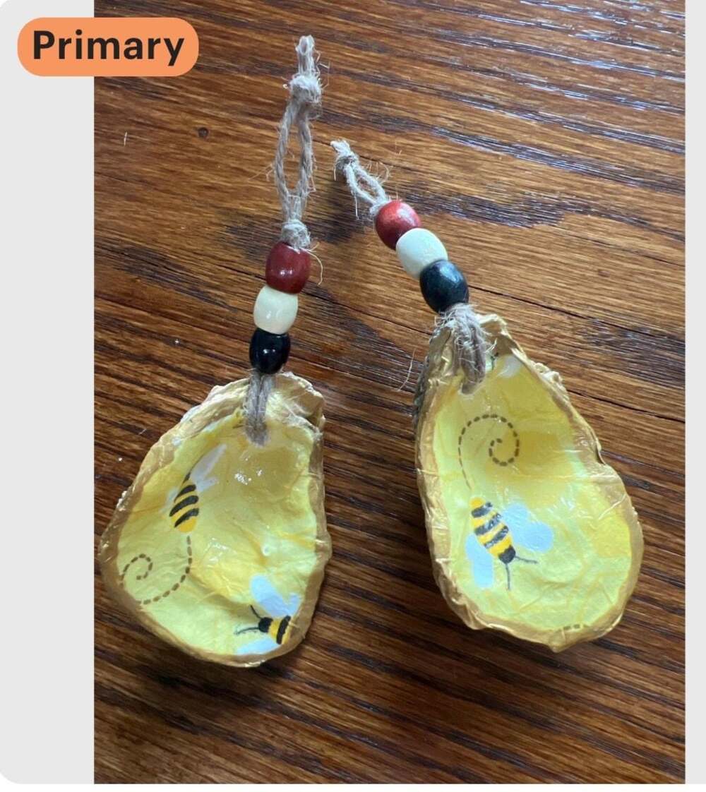 Decoupage Oyster Shell Honey Bee Ornament with Gold Trim